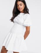 Asos Design Cotton Poplin Mini Dress With Button Waist And Puff Sleeves In White