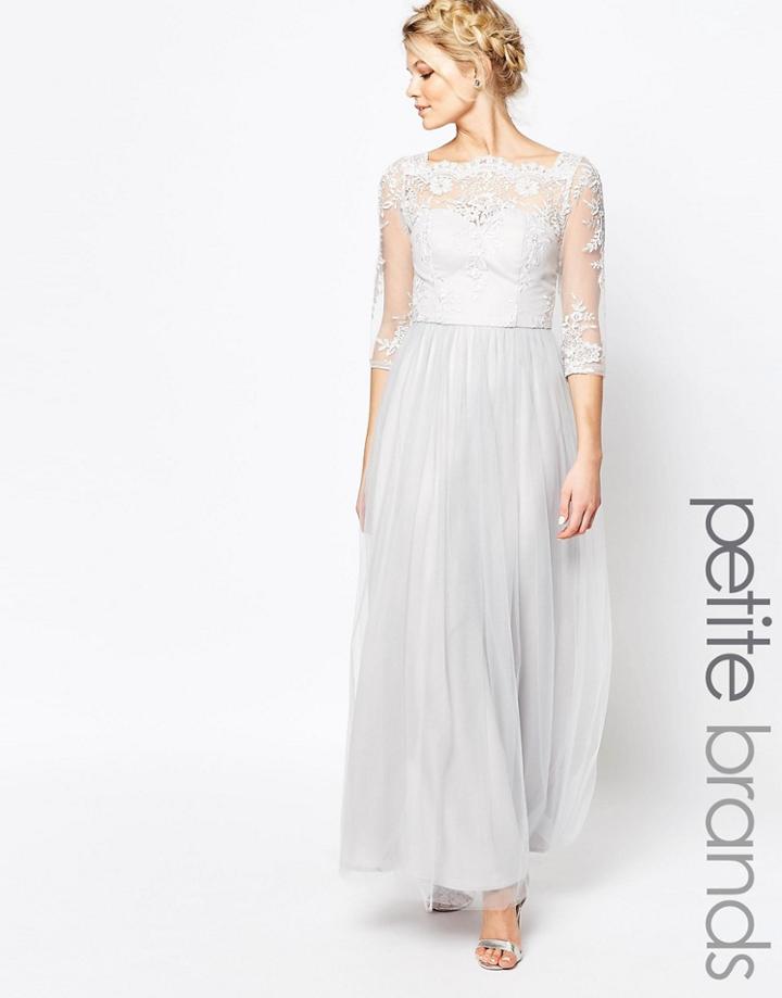 Chi Chi London Petite Bardot Neck Maxi Dress With Premium Lace And Tulle Skirt - Gray