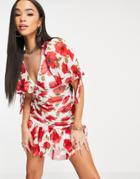 Asos Design Puff Sleeve Ruched Pep Hem Skater Mini Dress In Floral Print-multi