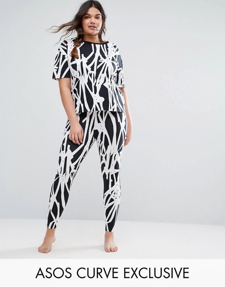 Asos Curve Lounge Oversized Tunic T-shirt & Legging In Graphic Mono Print - Multi