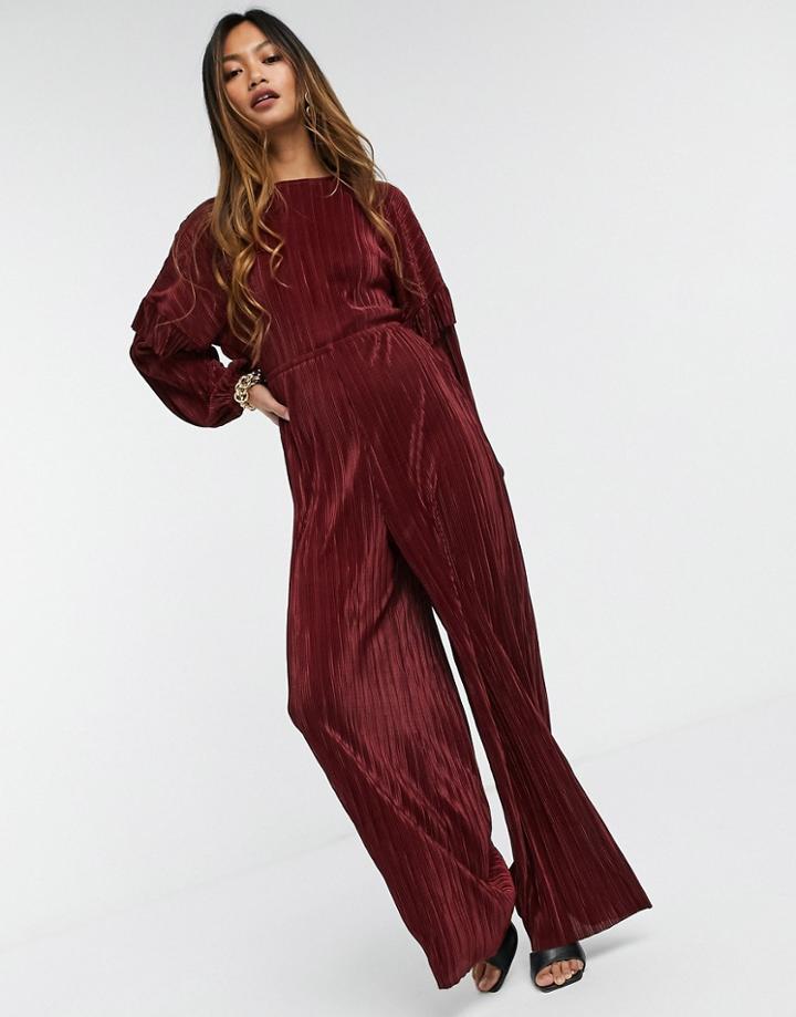Asos Design Ruffled Open Back Long Sleeve Plisse Tea Jumpsuit In Red