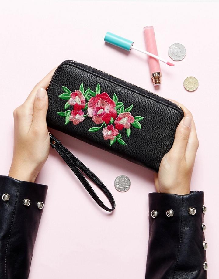 Yoki Embroidered Zip Around Purse - Black