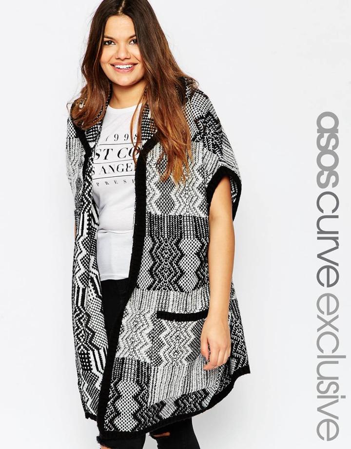 Asos Curve Hooded Cardigan In Intarsia Knit - Mono