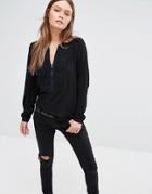 See U Soon Blouse With Zip Front And Fringe Detail - Black