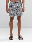 Asos Swim Shorts With Geo Print In Mid Length - Navy
