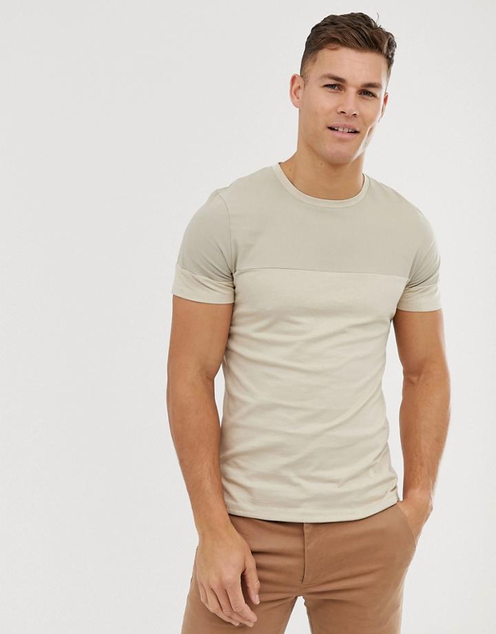 Jack & Jones Premium T-shirt With Woven Panel Detail In Stone