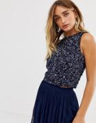 Lace & Beads Embellished Sleeveless Crop Top With Shoulder Detail Two-piece In Navy - Navy