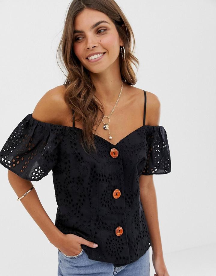 Asos Design Broderie Off Shoulder Top With Contrast Buttons - Black