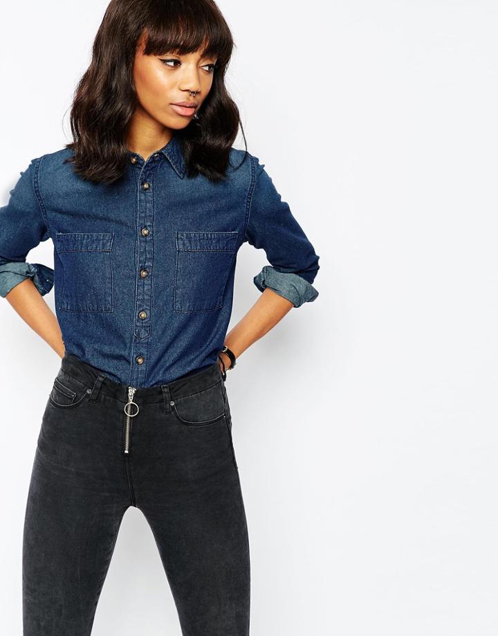 Asos Denim Shirt In Paris Dark Blue Wash - Darkwash Blue