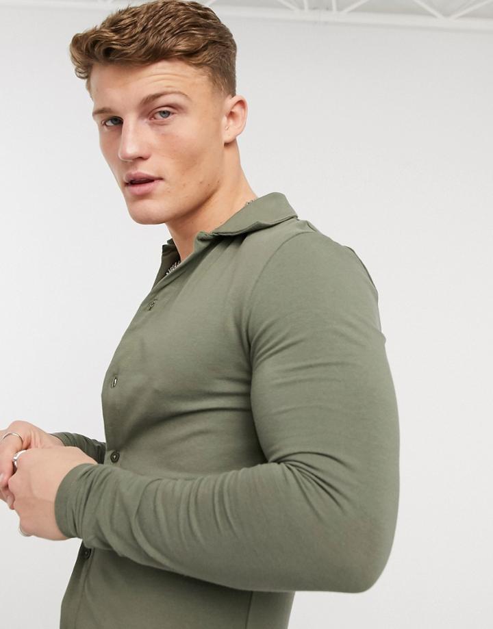 Asos Design Organic Blend Cotton Muscle Fit Long Sleeve Jersey Shirt In Washed Khaki-green