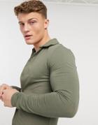 Asos Design Organic Blend Cotton Muscle Fit Long Sleeve Jersey Shirt In Washed Khaki-green