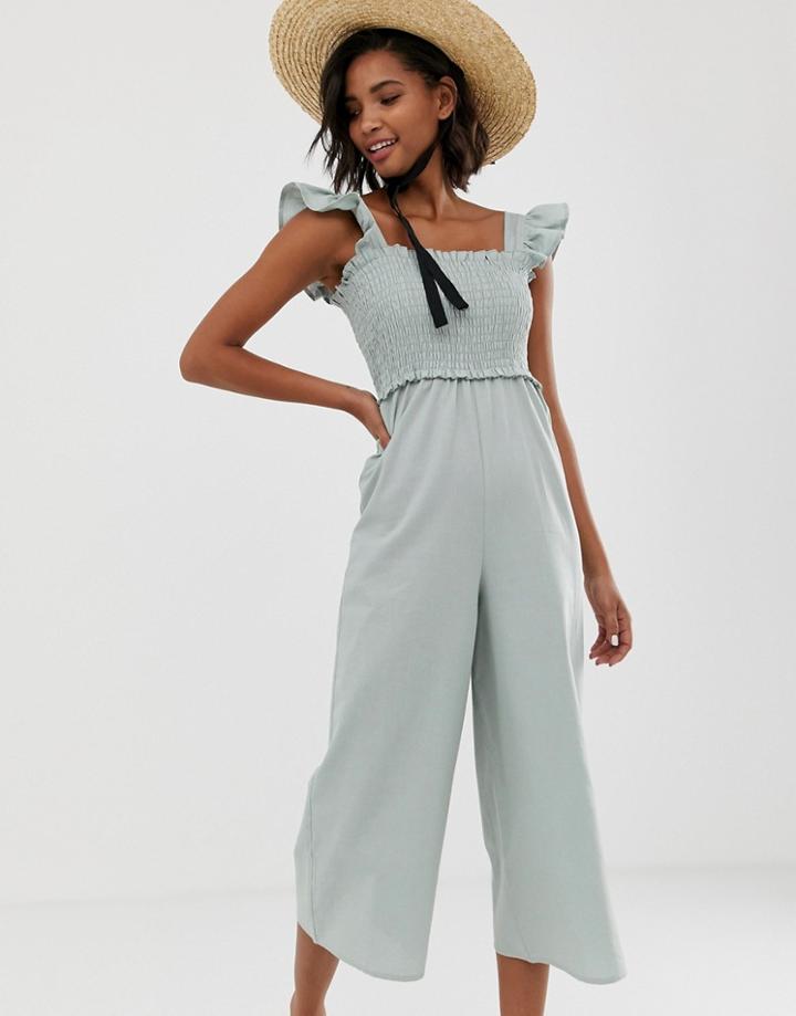 Asos Design Shirred Frill Sleeve Jumpsuit - Green