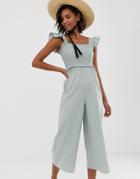 Asos Design Shirred Frill Sleeve Jumpsuit - Green