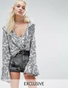 Milk It Vintage V Neck Top In Paisley With Frill Details & Sleeves - Black