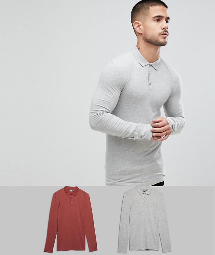 Asos Design Muscle Fit Long Sleeve Jersey Polo 2 Pack Save - Multi