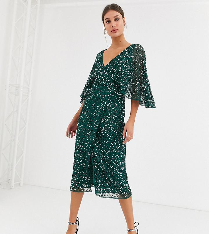 Maya Tall Bridesmaid Delicate Sequin Wrap Midi Dress In Green