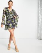 Asos Design Ruffle Floral Print Mini Dress With Waist Tie And Flare Sleeve-multi