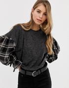 Qed London Contrast Check Sleeve Top - Gray