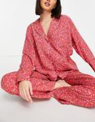 Asos Design Mix & Match Modal Ditsy Floral Long Sleeve Shirt In Red & Pink