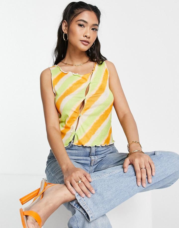 Topshop Mesh Tank With Asymmetric Buttons In Orange Stripe-multi