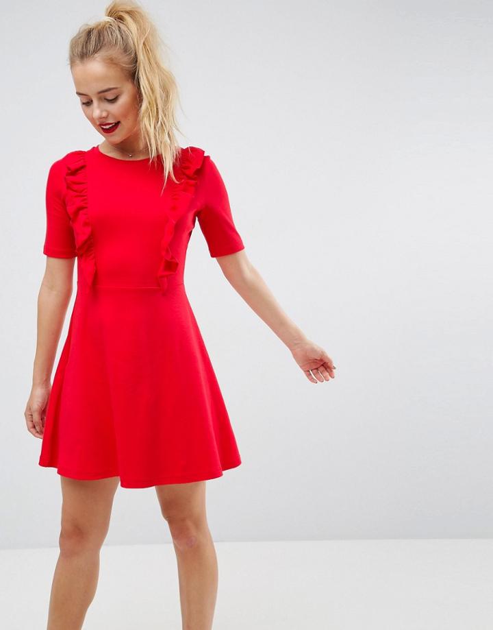 Asos Cotton Smock Dress With Frill Details - Red