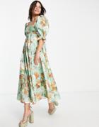 Asos Edition Empire Midi Dress With Full Skirt In Green Floral Print-multi