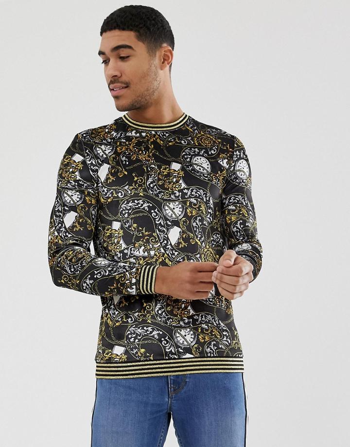 Asos Design Muscle Velour Sweatshirt In Baroque Print With Glitter Tipping - Black