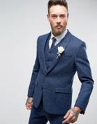 Asos Wedding Slim Suit Jacket In Harris Tweed Check In 100% Wool - Blue