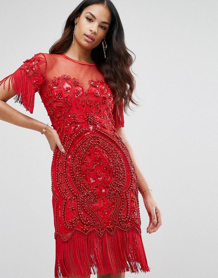 A Star Is Born Beaded Embellished Mini Dress With Tassel Hem - Red