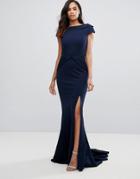 Jovani High Neck Maxi Dress With Side Split - Navy