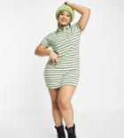 Asos Design Curve Mini Short Sleeve Polo Dress In Green Stripe-multi