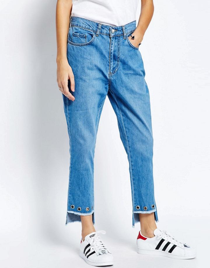 See You Never Step Hem Eyelet Jeans - Blue