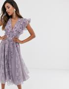 Asos Design Midi Dress With Lace Godet Inserts And Embroidery-multi