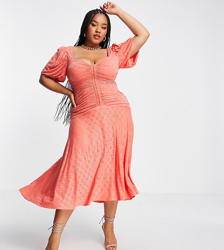 Asos Design Curve Puff Sleeve Ruched Broderie Midi Skate Dress In Coral-orange