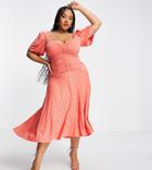 Asos Design Curve Puff Sleeve Ruched Broderie Midi Skate Dress In Coral-orange