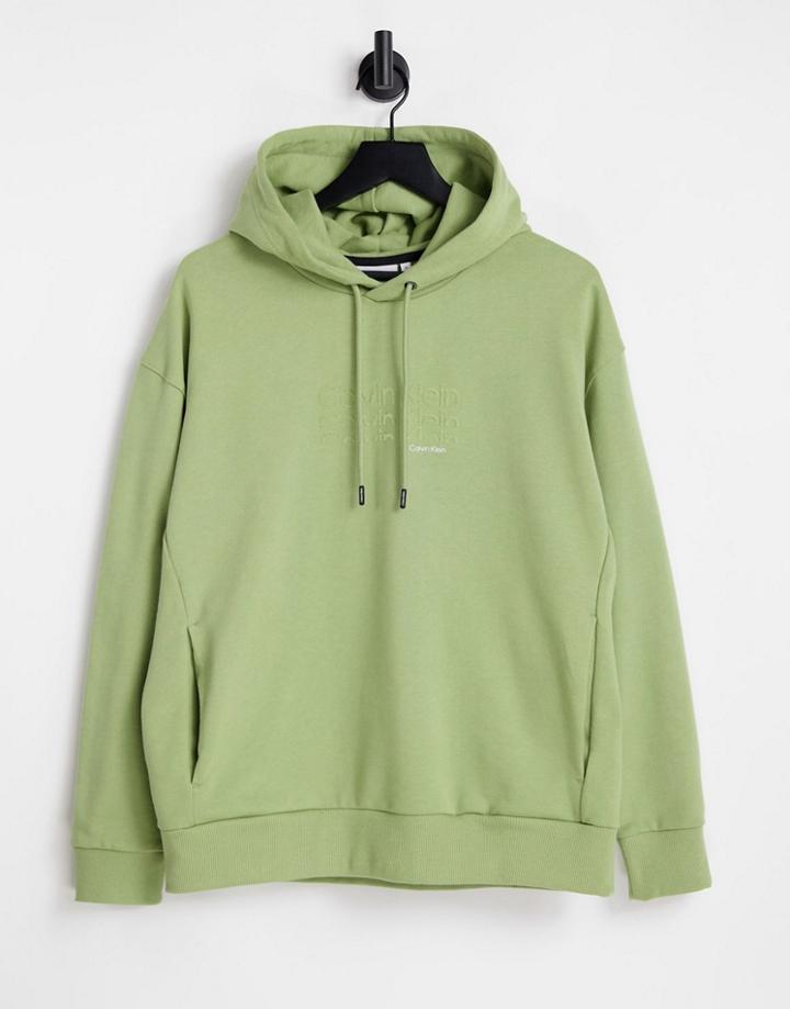 Calvin Klein Triple Flock Logo Hoodie In Green