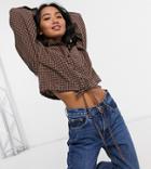 Asos Design Petite Cropped Drawstring Shirt In Navy And Rust Checkered-multi
