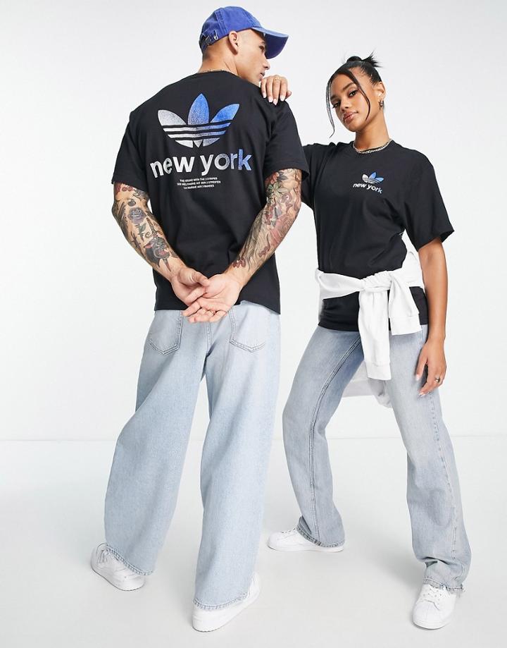 Adidas Originals City Trefoil New York T-shirt In Black With Back Print