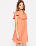 Asos Shift Dress With Frill Neck Detail - Orange