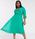 Asos Design Curve Pleated Midi Dress With Lace Inserts In Emerald Green