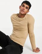 Asos Design Organic Cotton Blend Long Sleeve Muscle Fit T-shirt In Beige-neutral