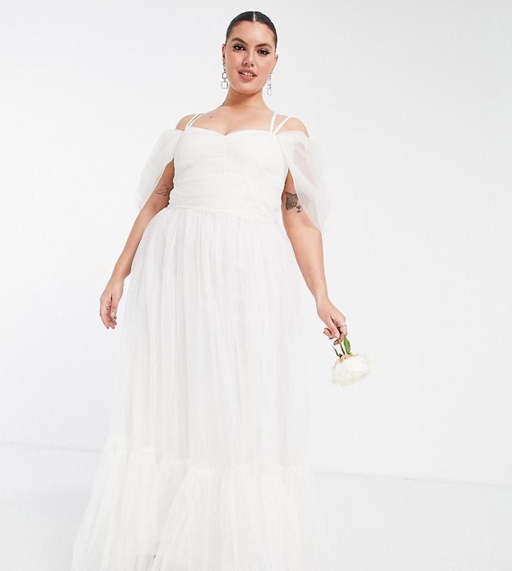 Lace & Beads Plus Bridal Cross Back Tulle Maxi Dress In Ivory-white