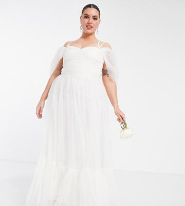 Lace & Beads Plus Bridal Cross Back Tulle Maxi Dress In Ivory-white