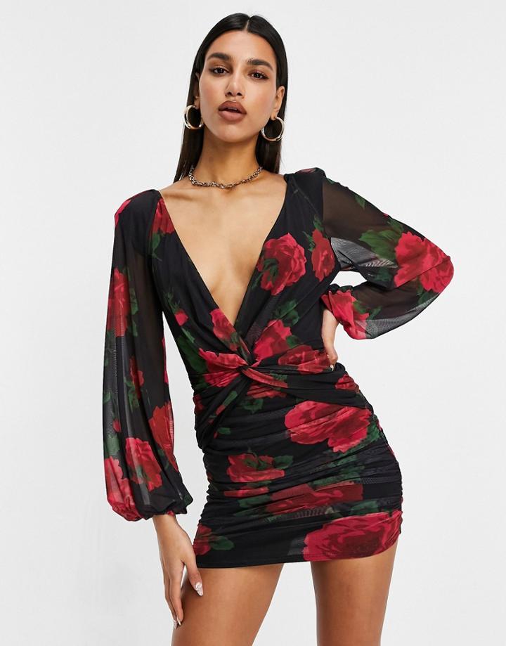 Asos Design Plunge Twist Mesh Mini Dress In Rose Print-multi