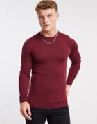 Asos Design Muscle Fit Merino Wool Crew Neck Sweater In Burgundy-red
