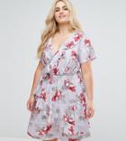 New Look Curve Floral Ruffle Wrap Dress - Blue
