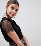 Prettylittlething Basic Lace Sleeve T-shirt In Black - Black