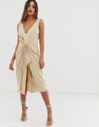 Asos Design Midi Dress With Rope Tie Waist Detail-beige
