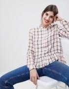 Esprit Collarless Check Blouse With Ruffle Hem - Pink