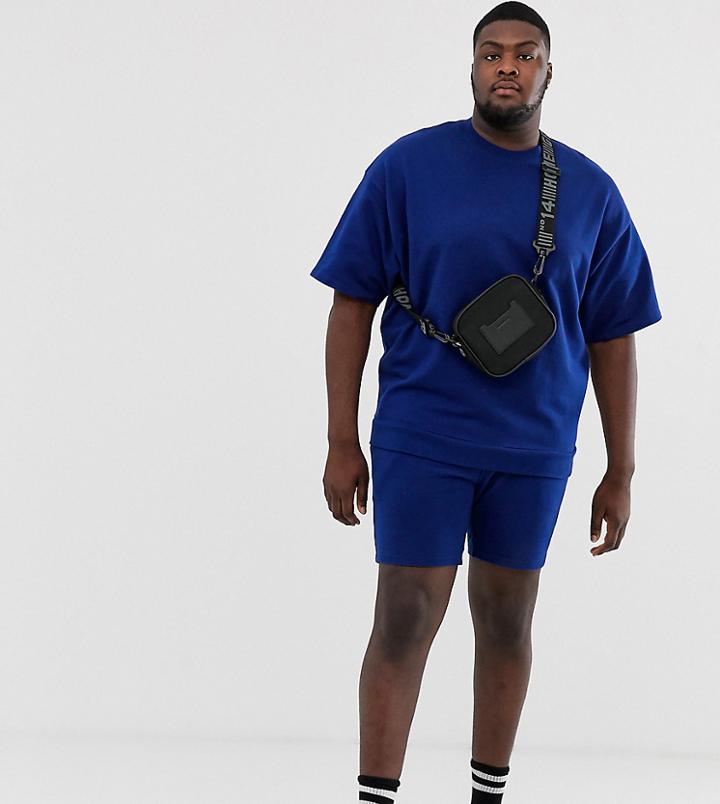 Asos Design Plus Tracksuit Short Sleeve Oversized Sweatshirt/skinny Short In Bright Navy